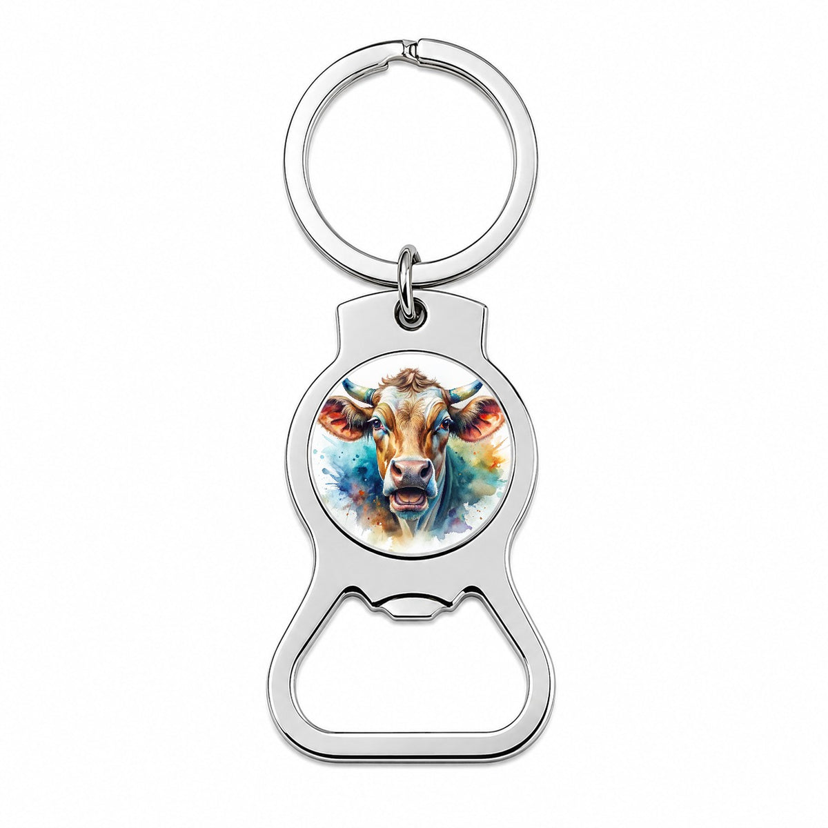 Angry Cow Watercolor Bottle Opener Keychain