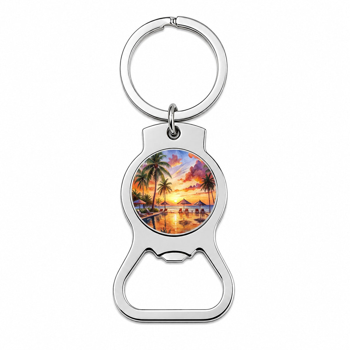 Beach Resort At Sunset Sunrise Tropical Watercolor Bottle Opener Keychain