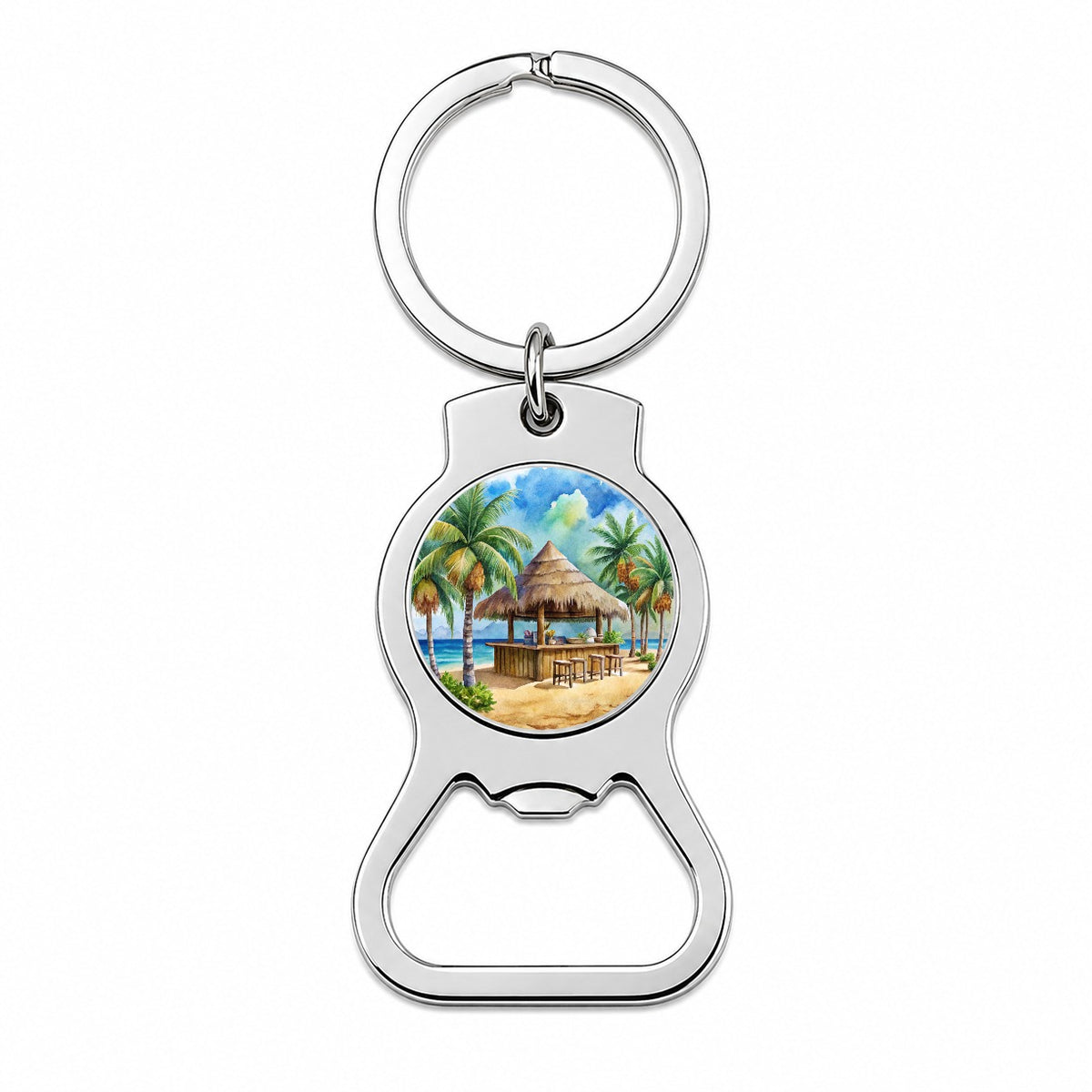 Beach Resort Tropical Scene With Tiki Bar Bottle Opener Keychain