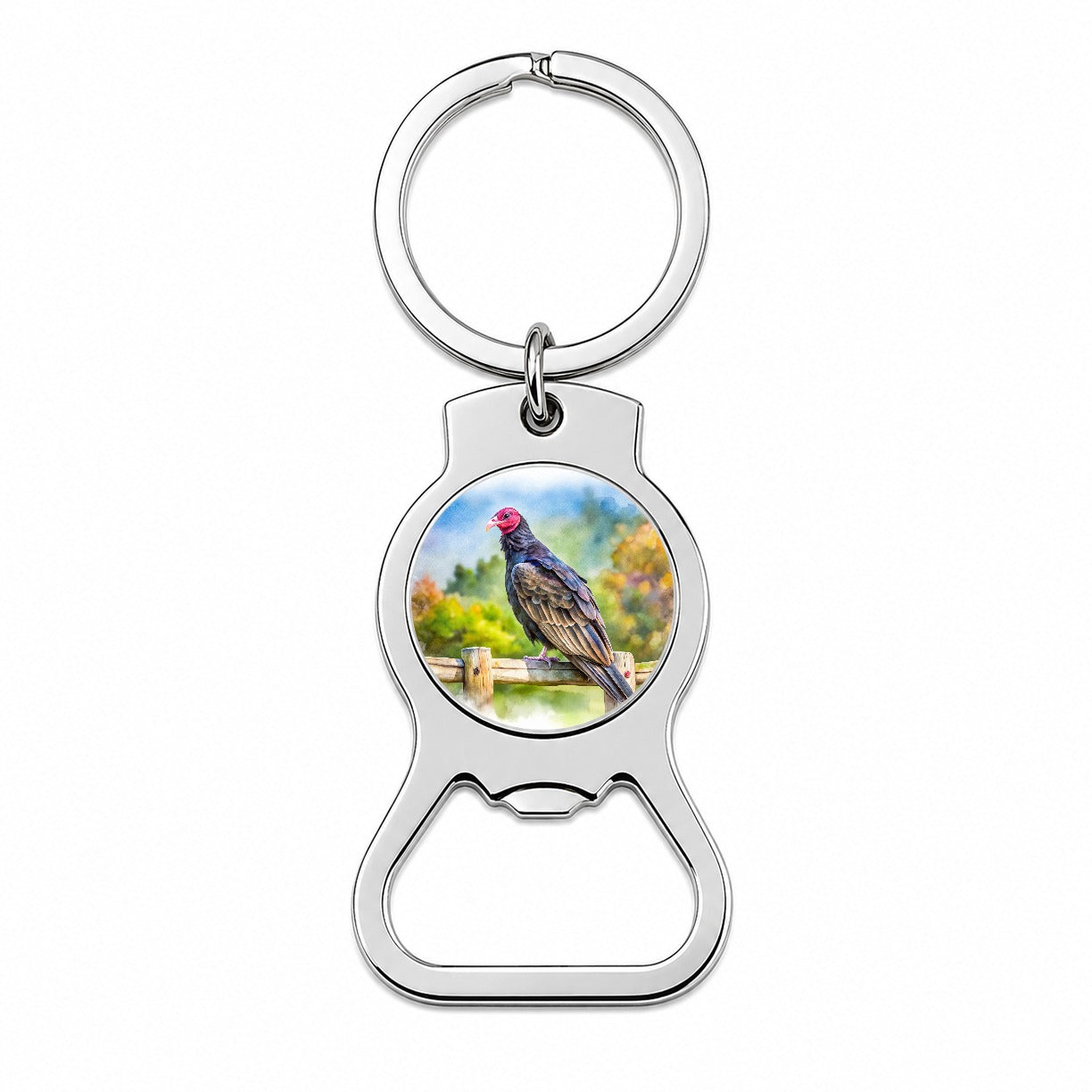 Black Turkey Vulture Sitting On Fence Watercolor Bottle Opener Keychain