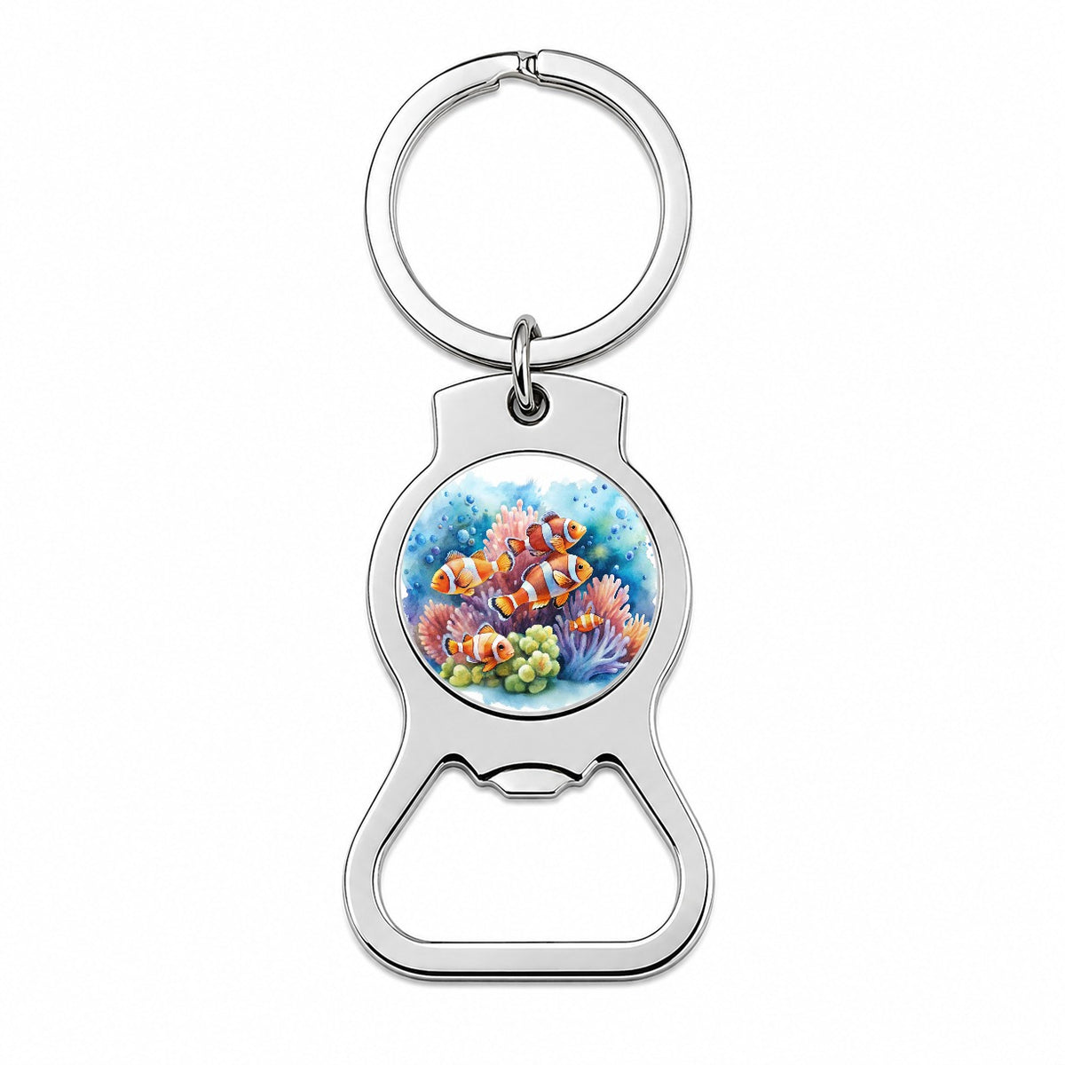 Clown Fish Swimming Around Coral Watercolor Bottle Opener Keychain