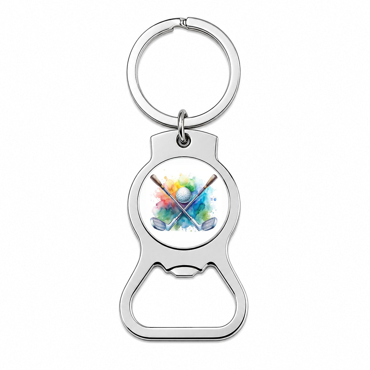 Crossed Golf Clubs And Ball Watercolor Bottle Opener Keychain