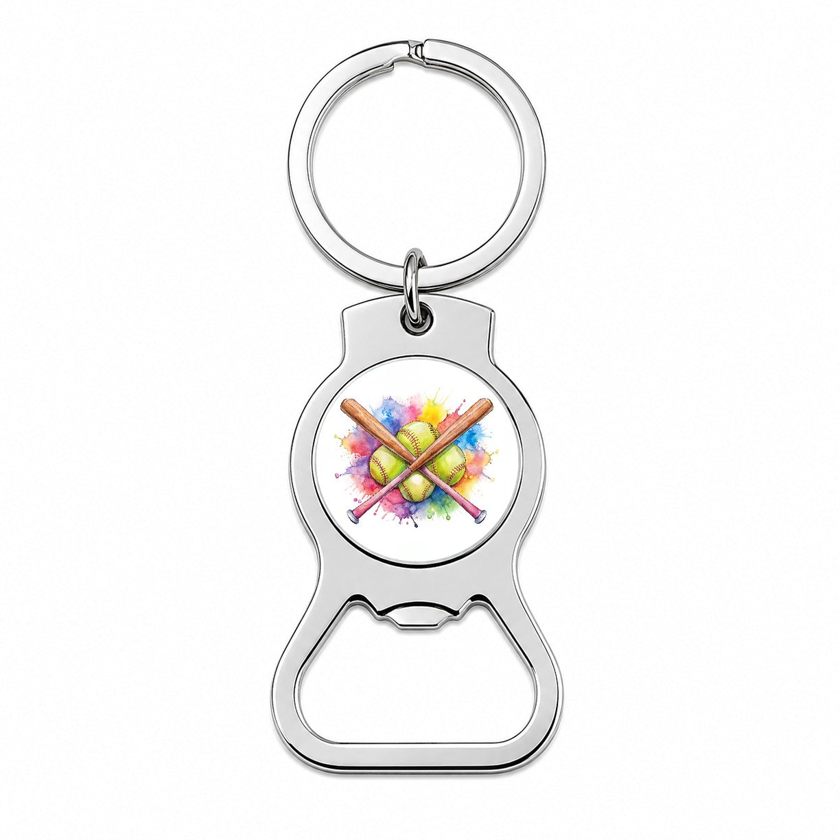 Crossed Softball Bats And Balls Watercolor Bottle Opener Keychain