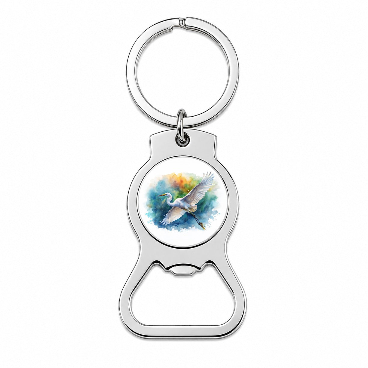 Egret In Flight Watercolor Bottle Opener Keychain