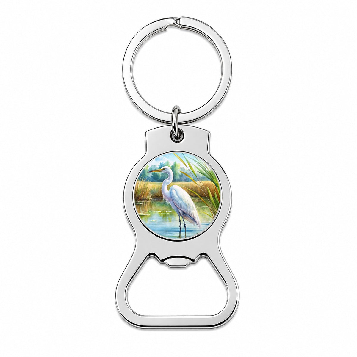 Egret Standing In Marshes Watercolor Bottle Opener Keychain