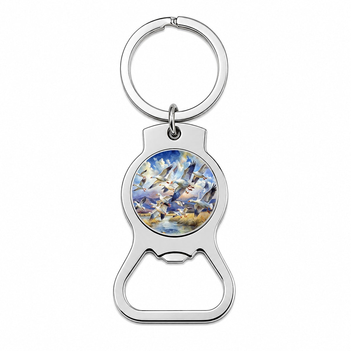 Flock Of Snow Geese In Flight Watercolor Bottle Opener Keychain