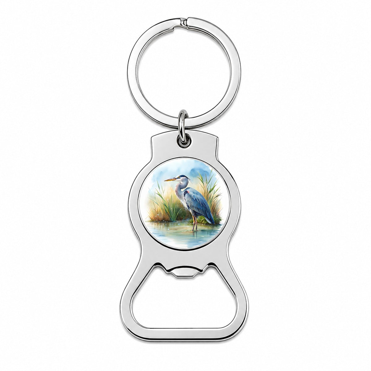 Great Blue Heron Standing In Marsh Pond Watercolor Bottle Opener Keychain