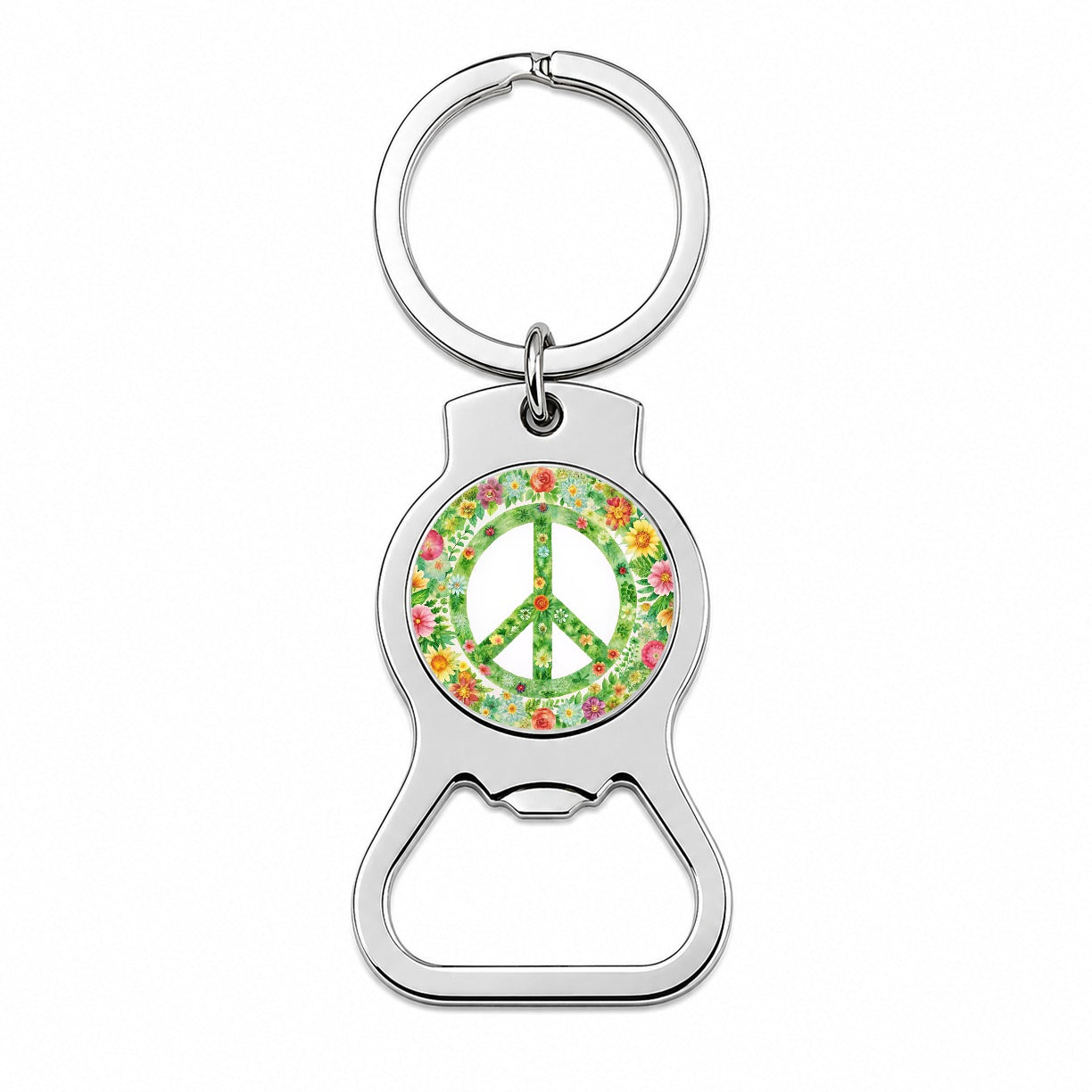 Green Peace Symbol Hippie Floral Watercolor Bottle Opener Keychain