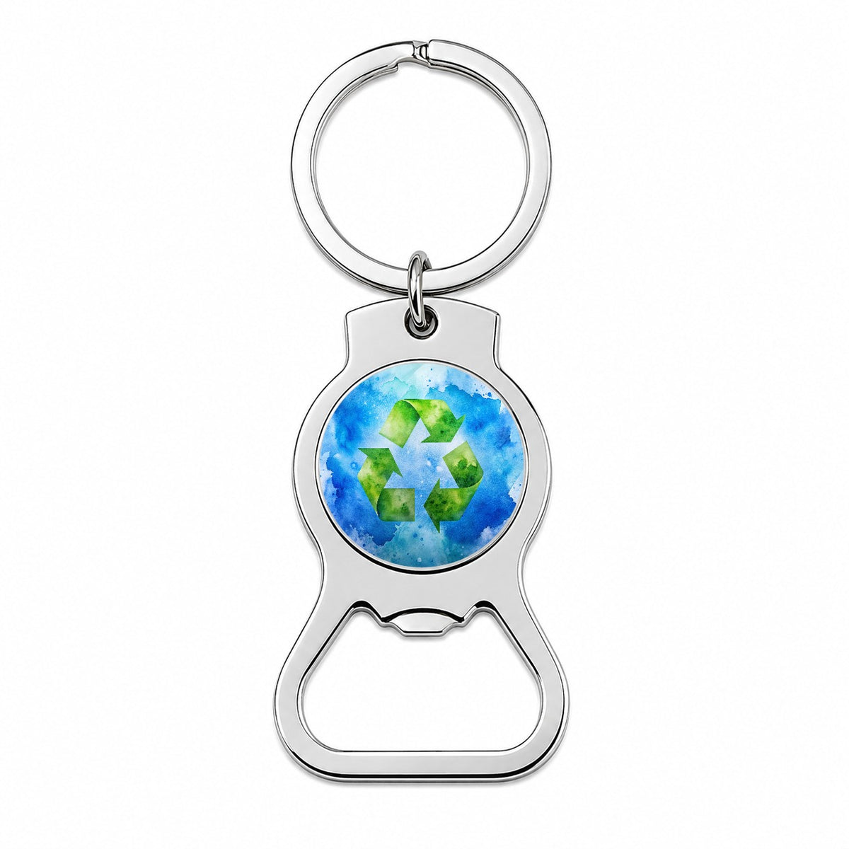 Green Recycle Symbol On A Blue Background Watercolor Bottle Opener Keychain