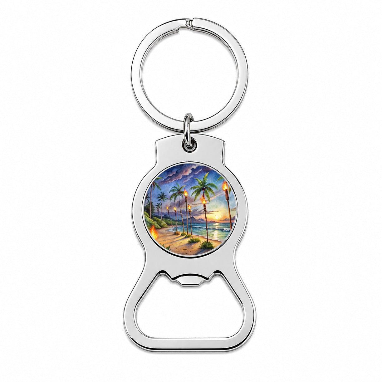 Hawaiian Tropical Beach Scene At Night Lit With Tiki Torches Bottle Opener Keychain