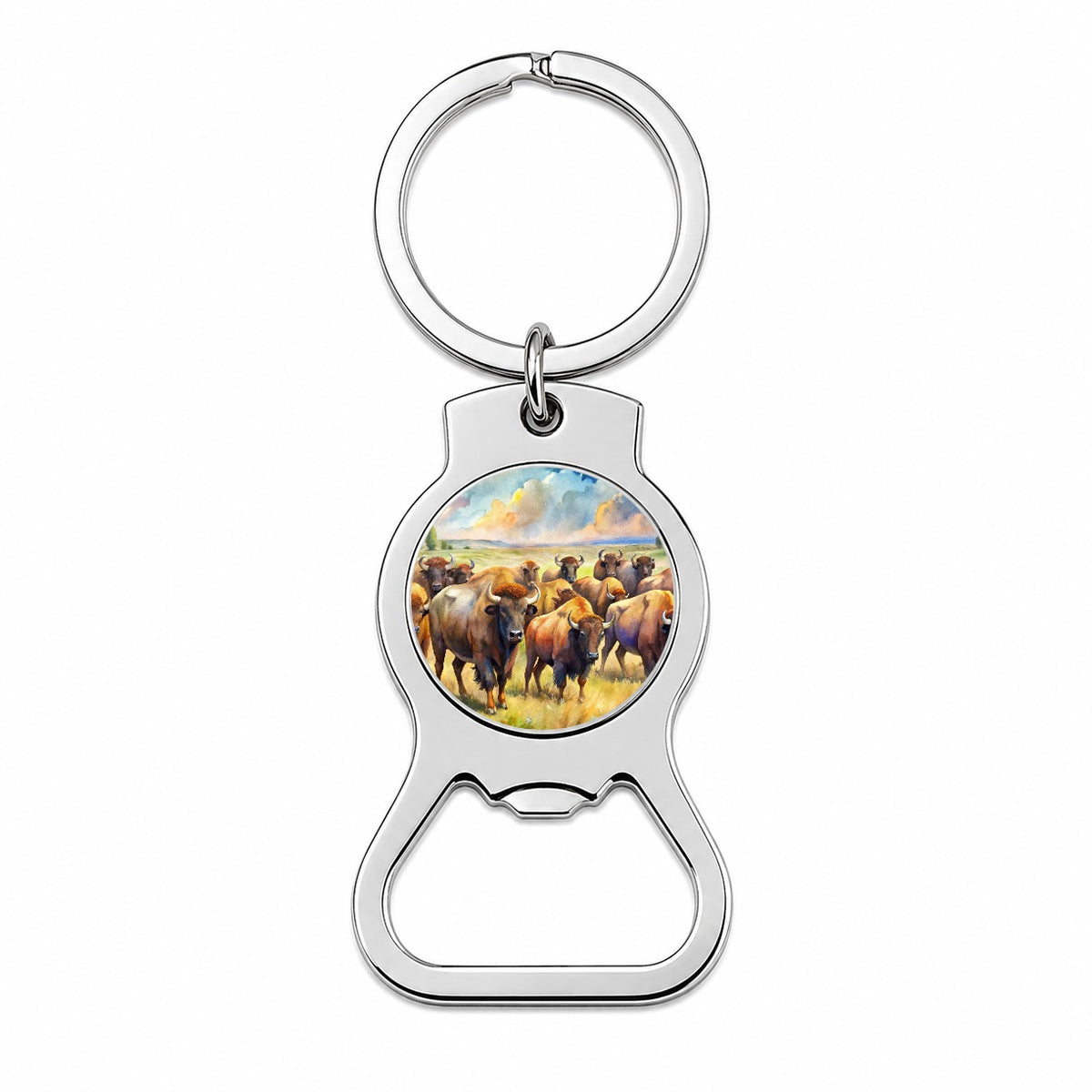 Herd Of Buffalo Bison On The Prairie Watercolor Bottle Opener Keychain