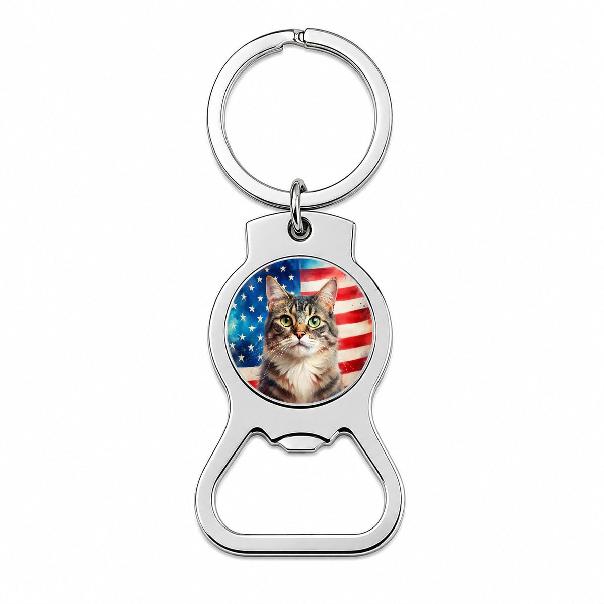 Patriotic Cat Watercolor American Flag Background Bottle Opener Keychain