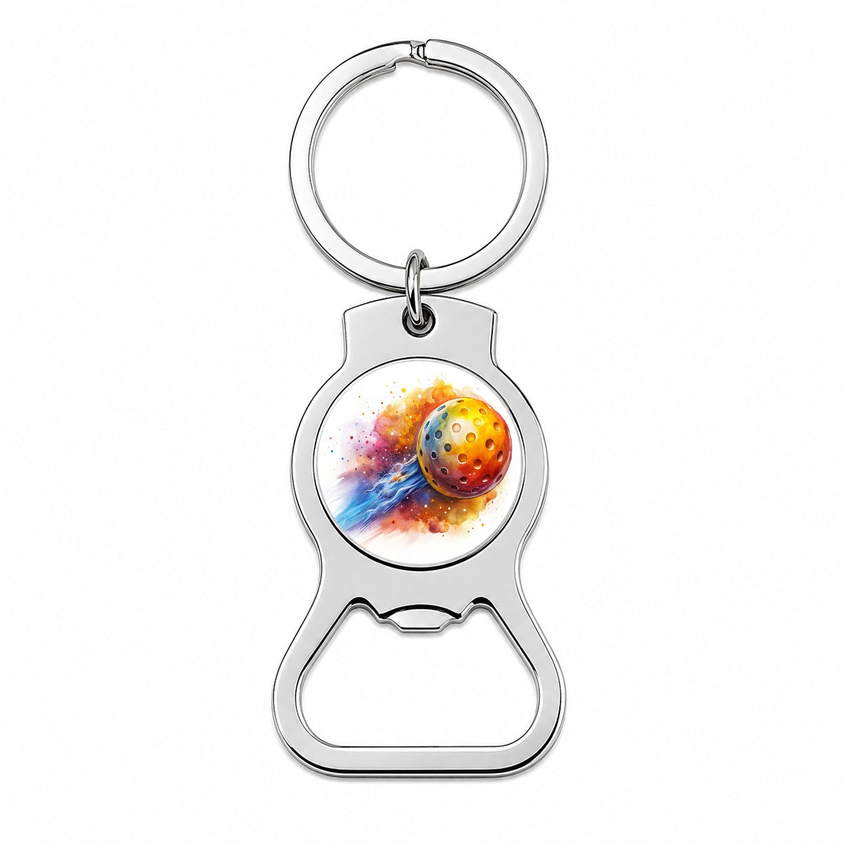 Pickleball Ball Rocketing Through The Air Watercolor Bottle Opener Keychain