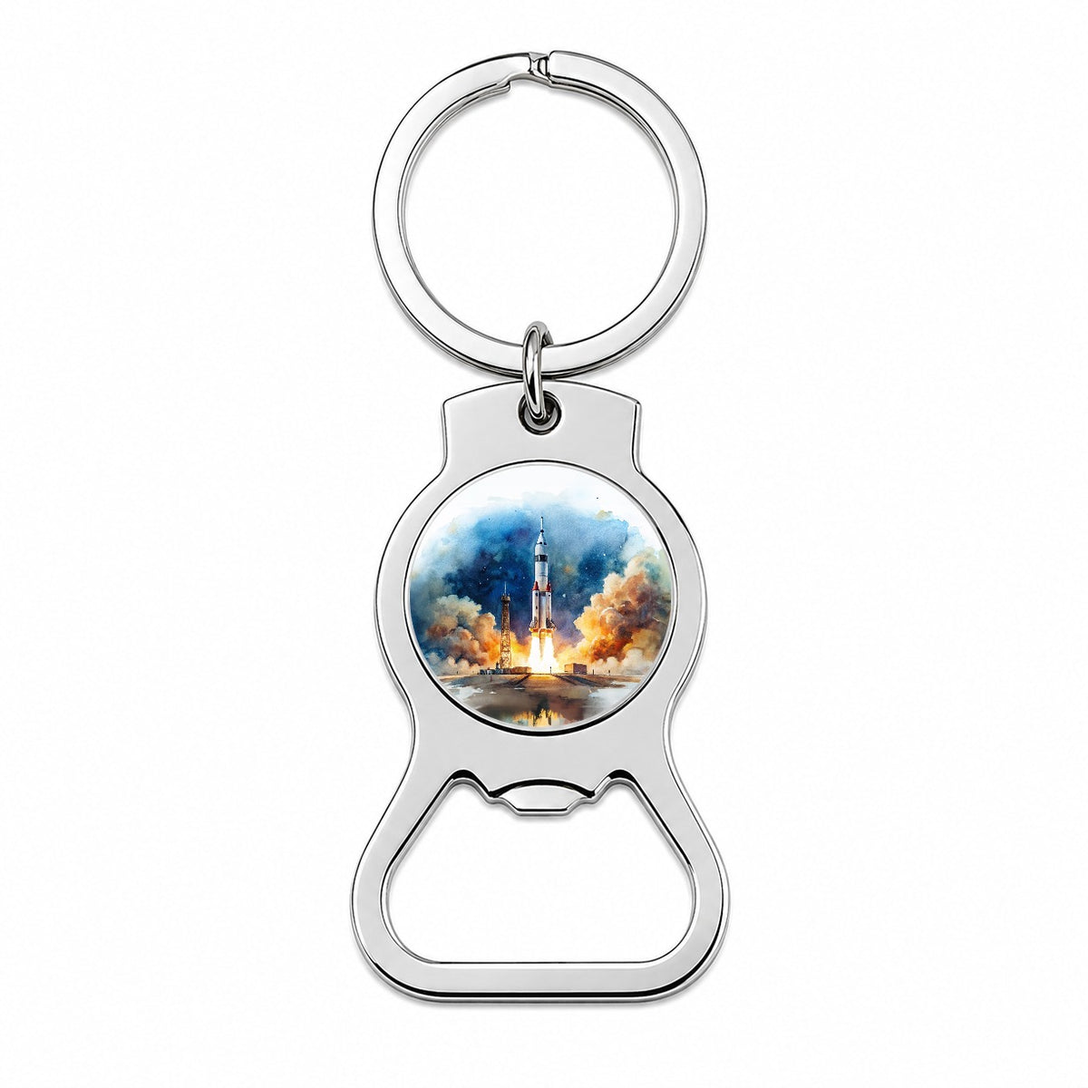 Rocket Spaceship Launch Sci-fi Watercolor Bottle Opener Keychain