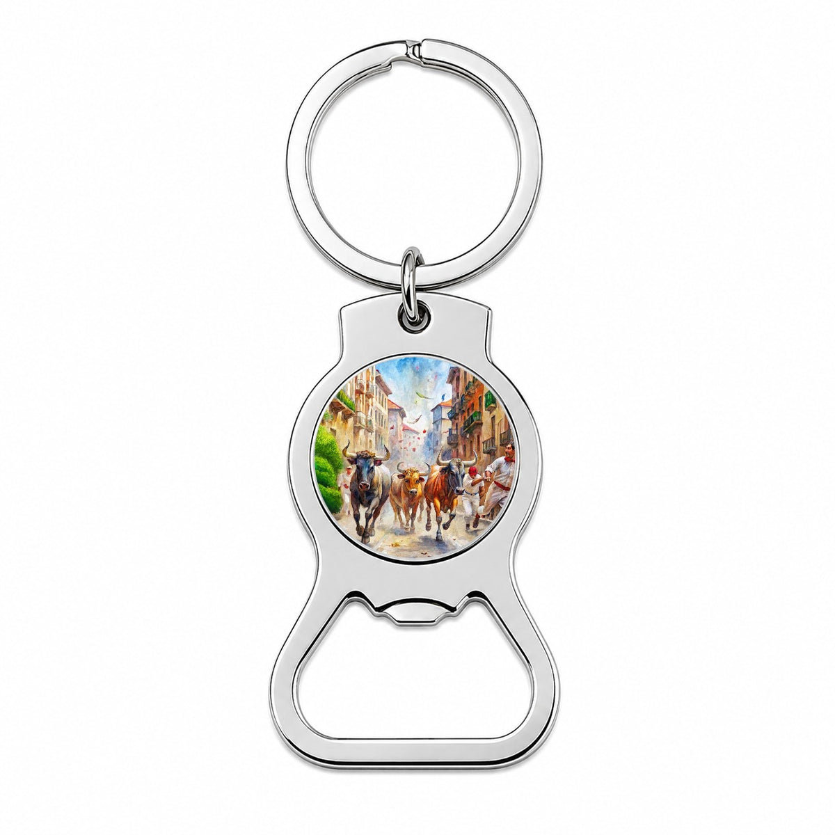 Running of the Bulls in Spain Bottle Opener Keychain