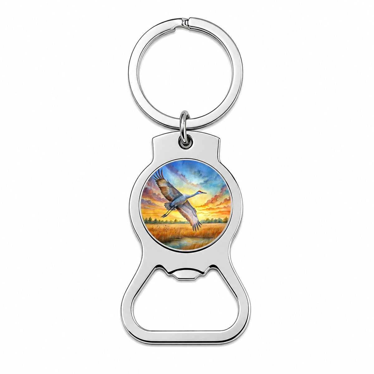 Sandhill Crane In Flight At Sunset Watercolor Bottle Opener Keychain