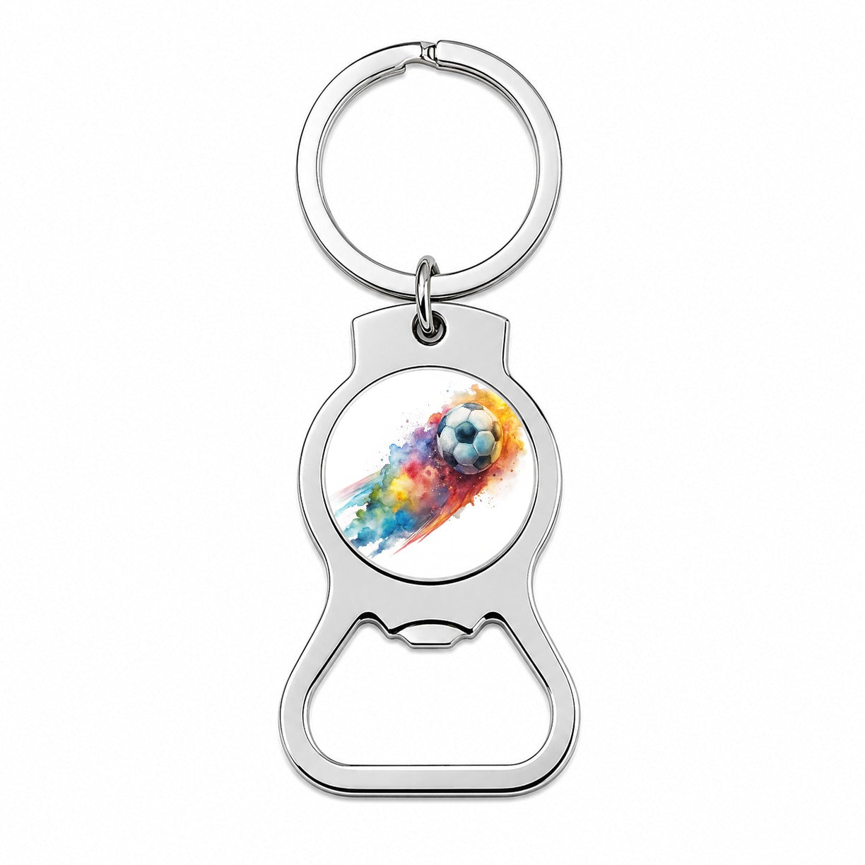 Soccer Ball Rocketing Through The Air Watercolor Bottle Opener Keychain