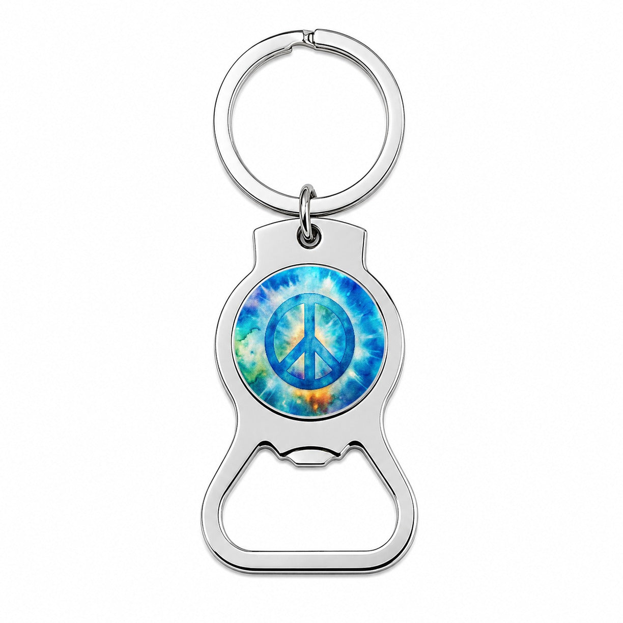 Solid Blue Peace Symbol Tie Dye Background Hippie Watercolor Bottle Opener Keychain