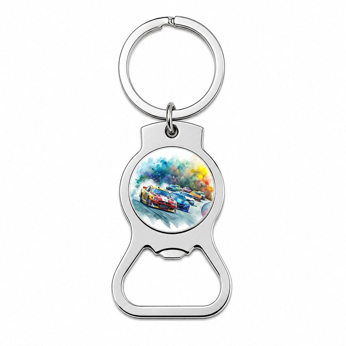 Stock Car Racing Watercolor Bottle Opener Keychain