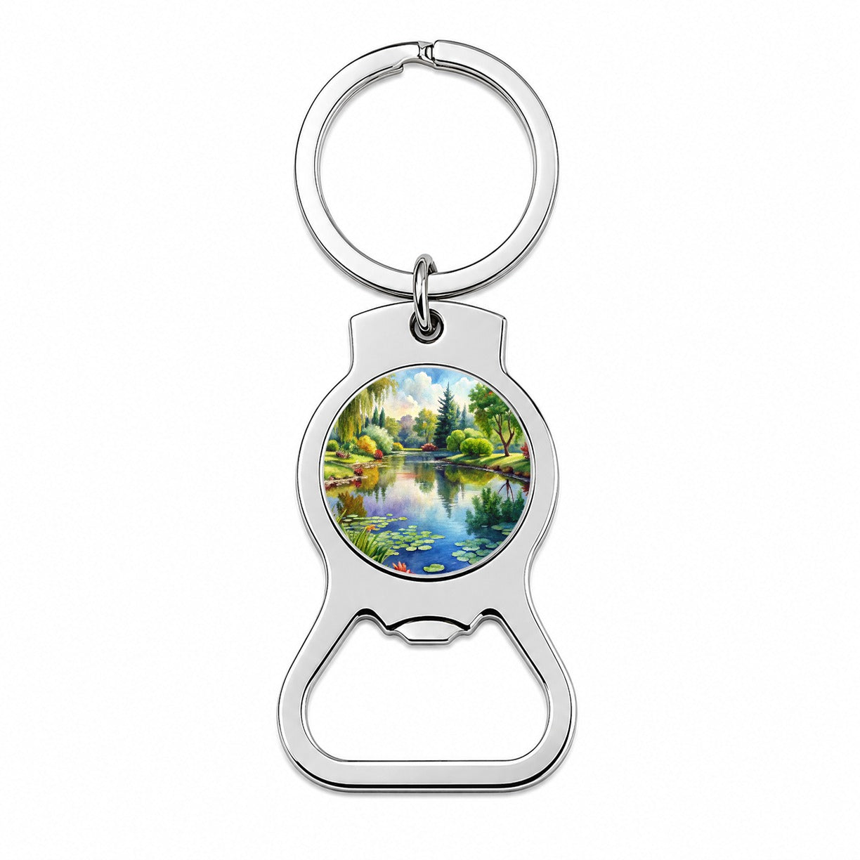 Tranquil Pond Scene Watercolor Bottle Opener Keychain
