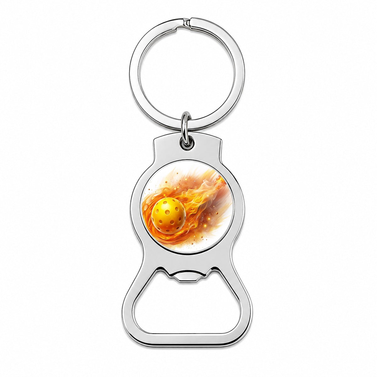 Yellow Pickleball Ball Rocketing Through The Air Bottle Opener Keychain