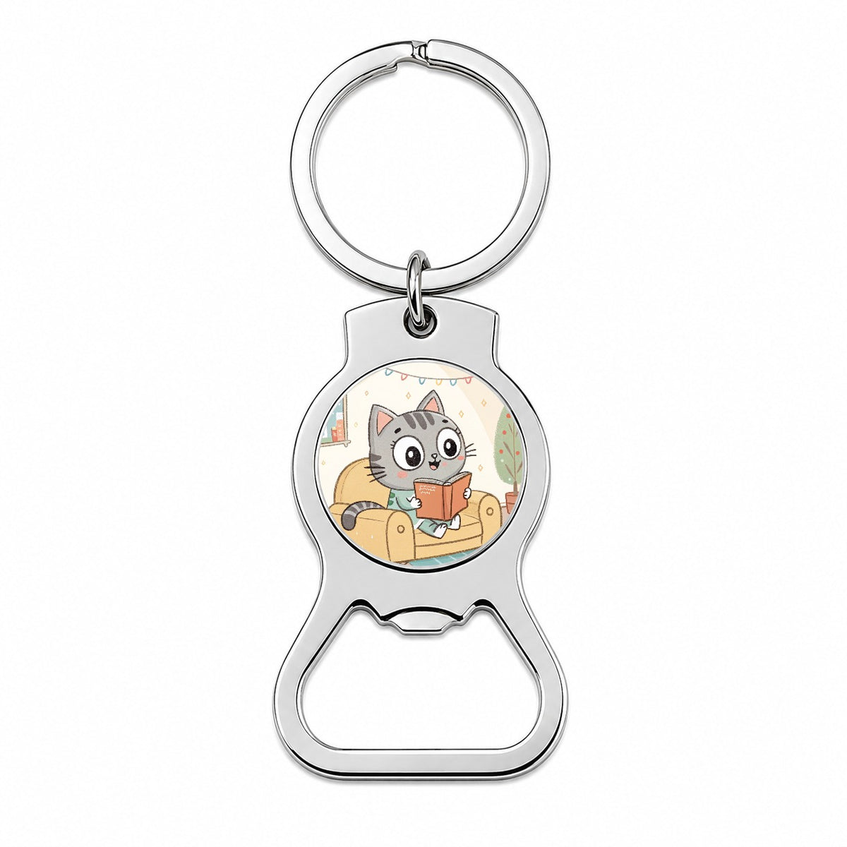 Kawaii Cat Reading Book On Couch Reader Bottle Opener Keychain