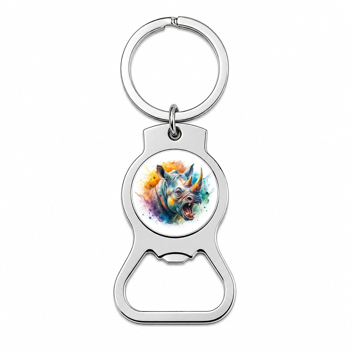 Angry Rhino Rhinoceros Watercolor Bottle Opener Keychain