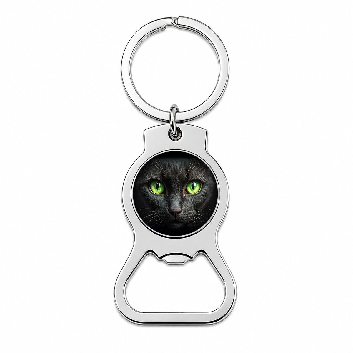 Black Cat with Green Eyes Bottle Opener Keychain