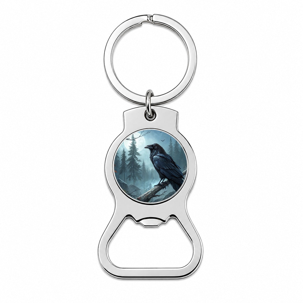 Black Raven at Night Under a Full Moon Bottle Opener Keychain