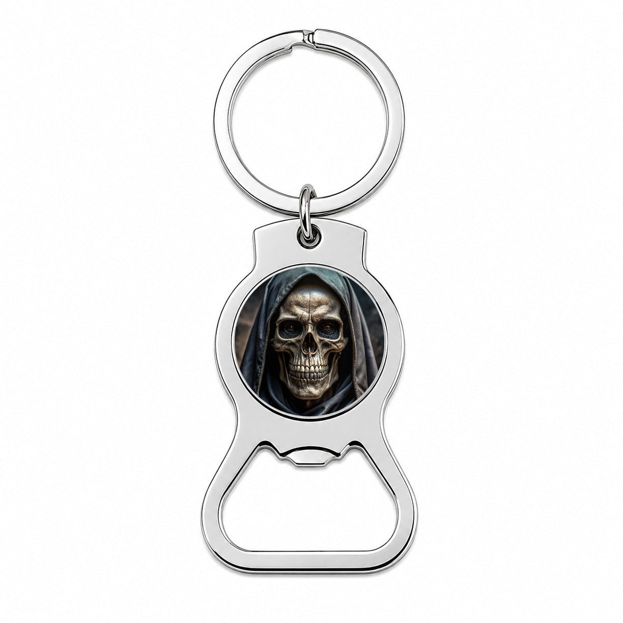 Close-Up Of Grim Reaper Skull Face Halloween Bottle Opener Keychain