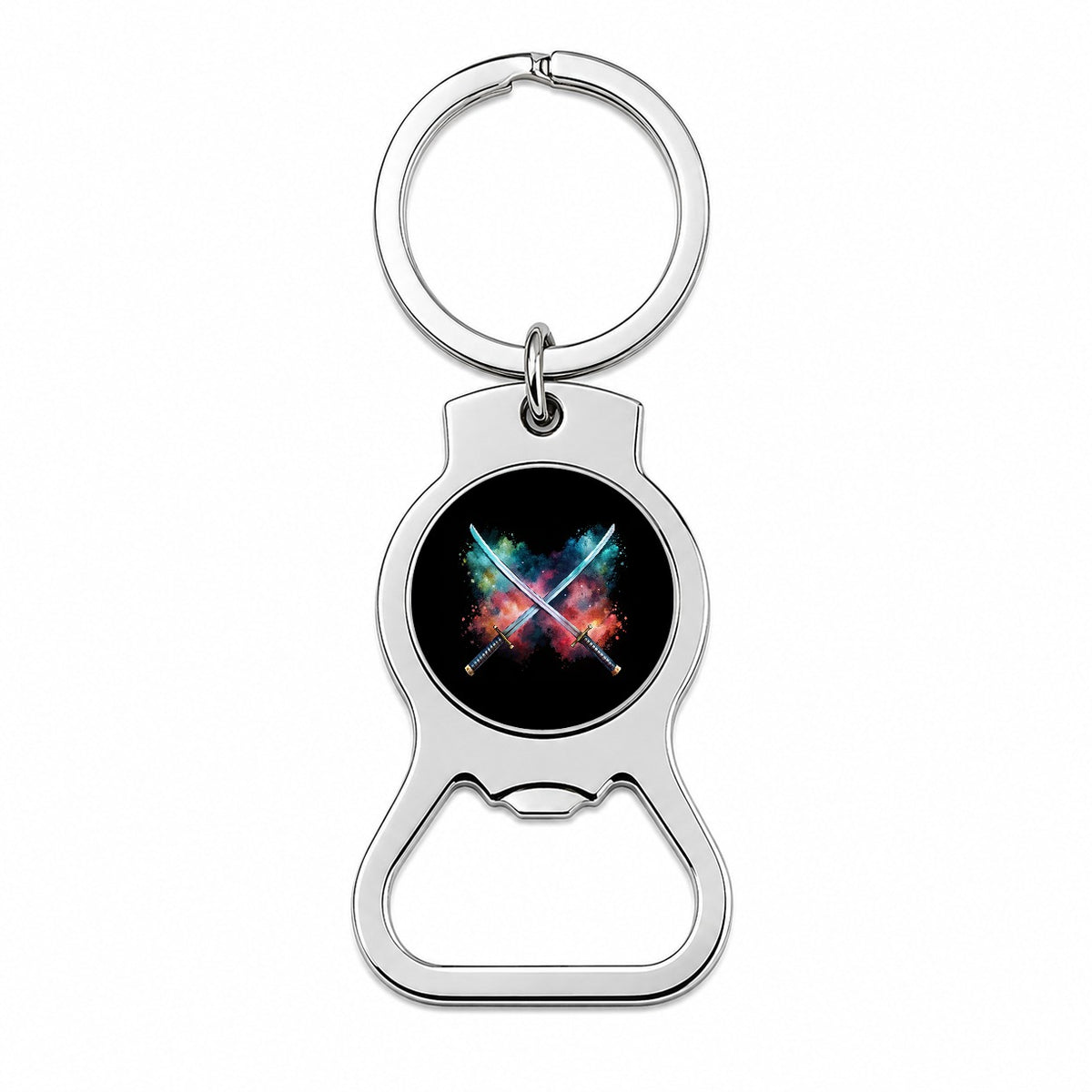 Crossed Katana Samurai Ninja Swords Black Watercolor Bottle Opener Keychain