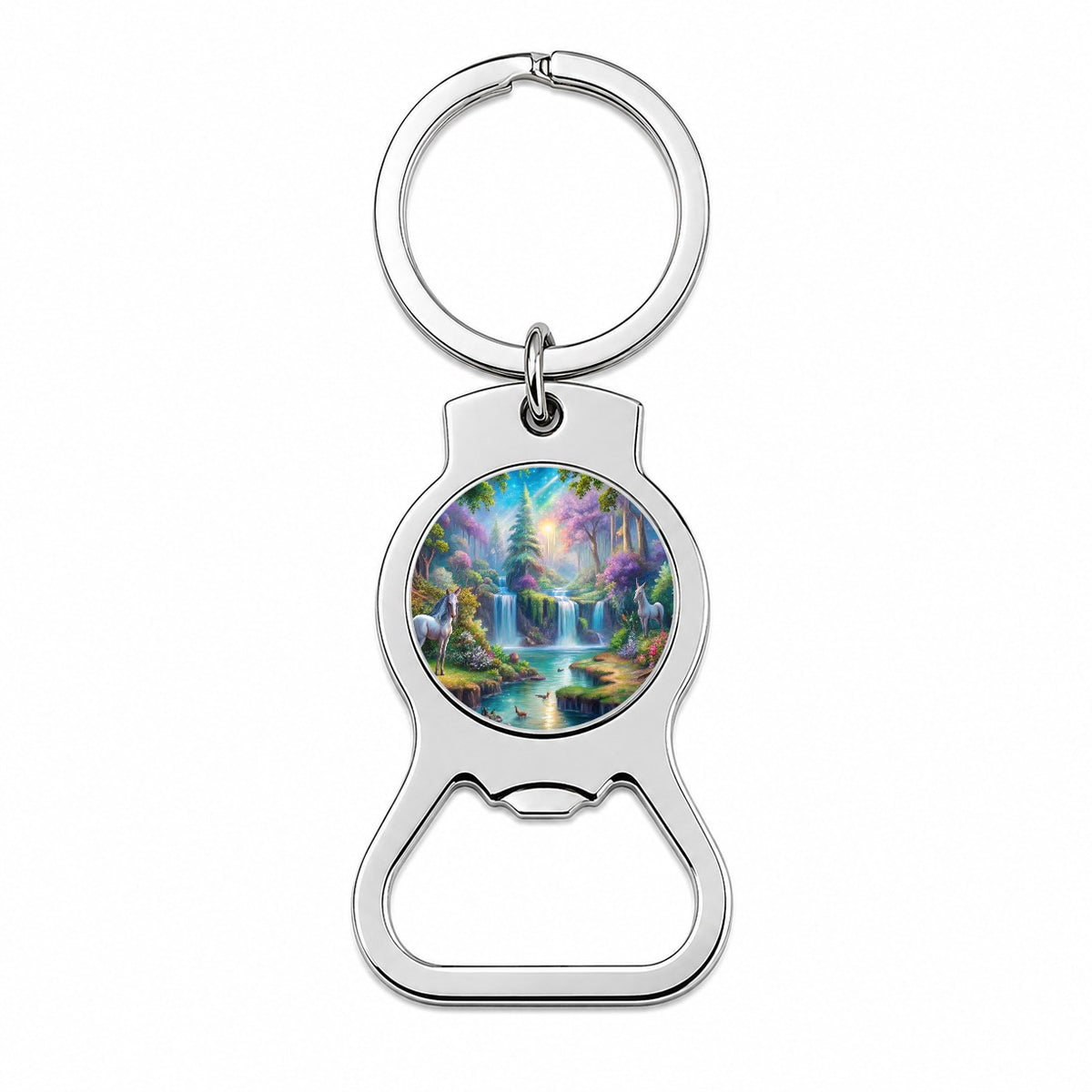 Fantasy Forest Waterfalls and White Horses Watercolor Bottle Opener Keychain