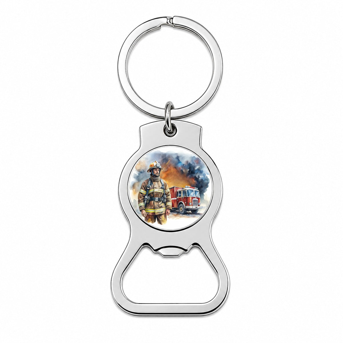 Firefighter and Fire Engine Watercolor Bottle Opener Keychain
