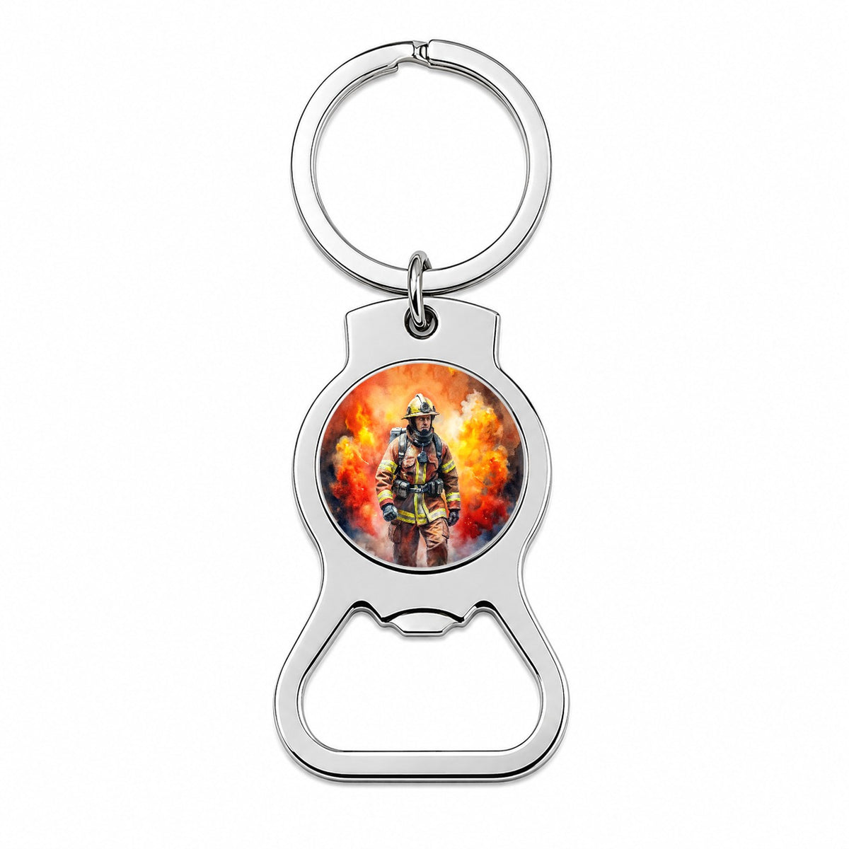 Firefighter Walking Out of Flames Watercolor Bottle Opener Keychain