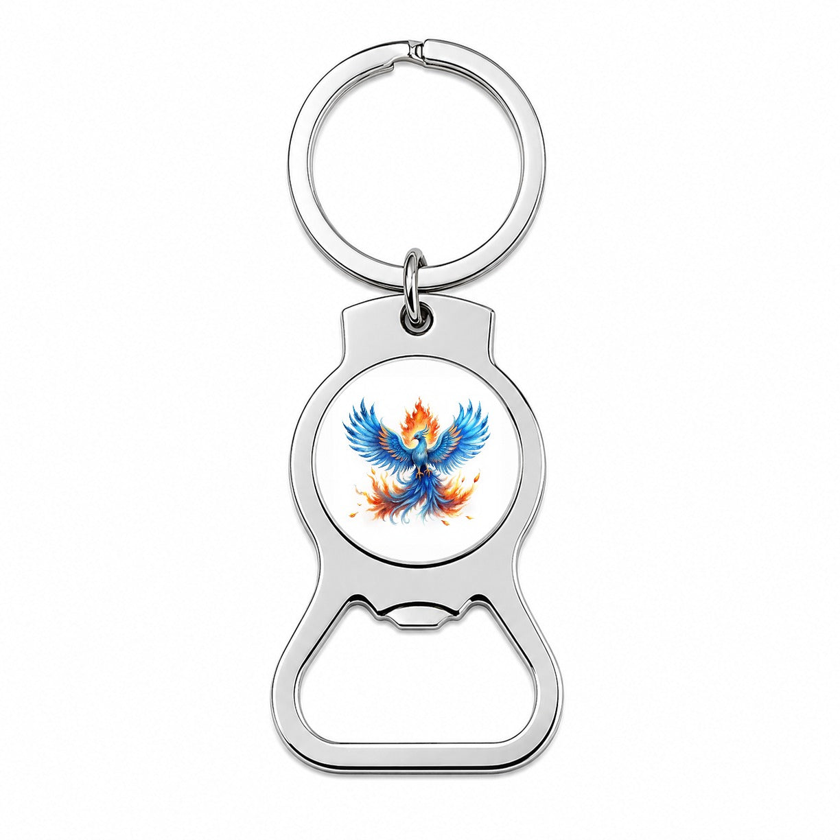 Flaming Blue Phoenix Rising Fantasy Watercolor Bottle Opener Keychain