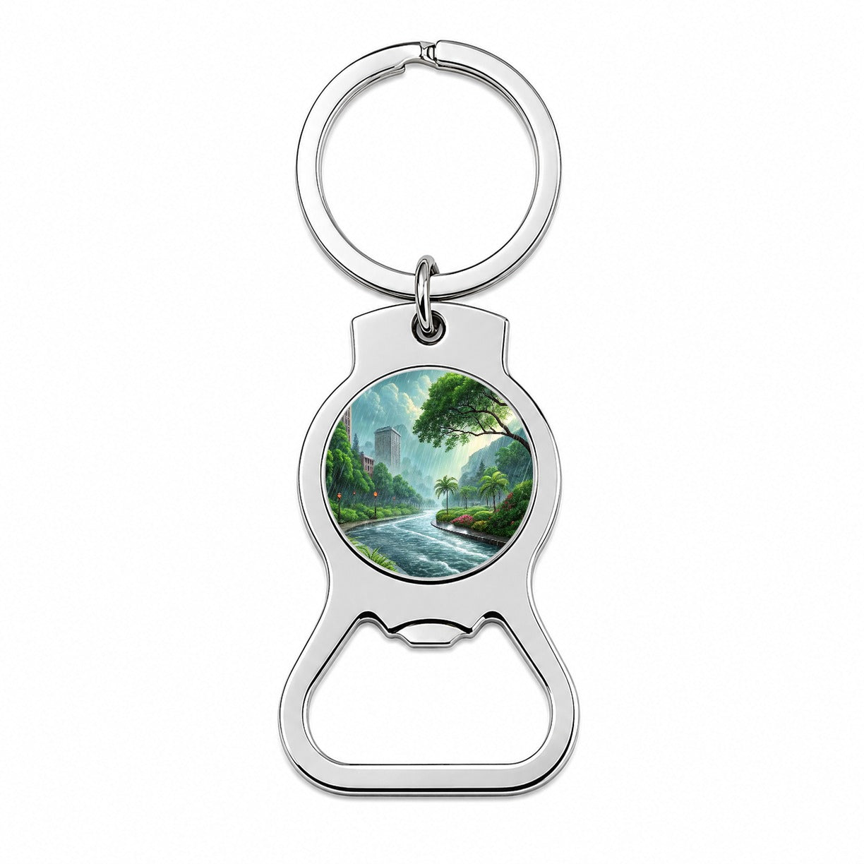 Heavy Monsoon Rain Storm City Landscape Bottle Opener Keychain