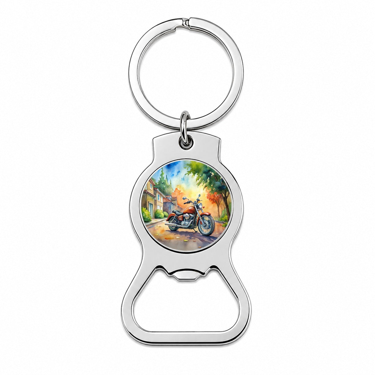 Motorcycle Watercolor Scene Bottle Opener Keychain