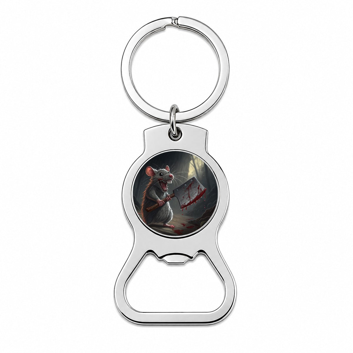 Mouse Holding A Bloody Meat Cleaver Halloween Scary Bottle Opener Keychain