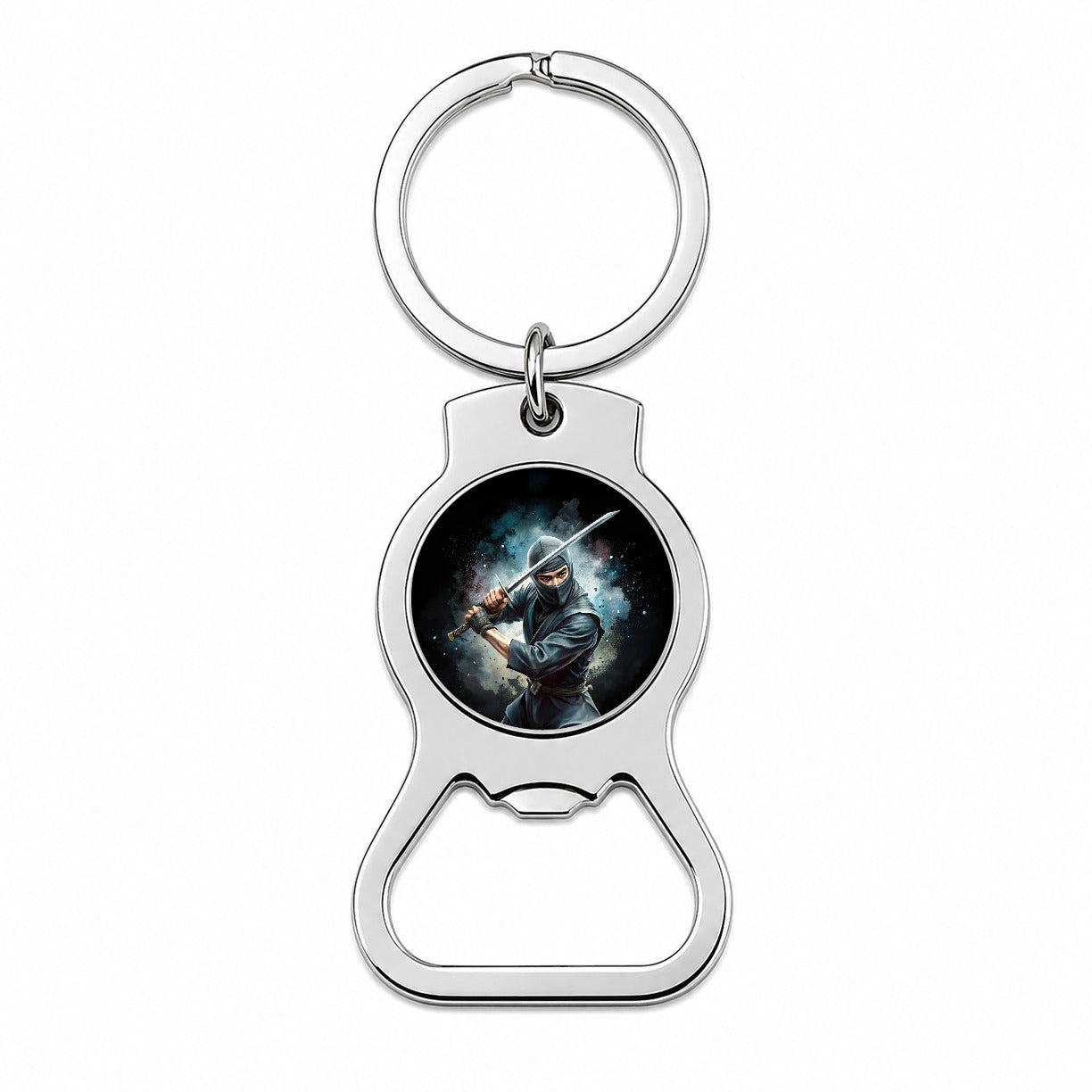 Ninja With Katana Black Watercolor Bottle Opener Keychain