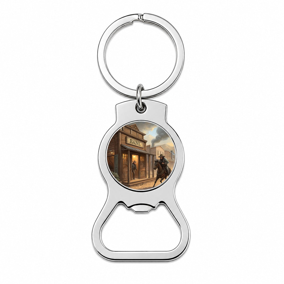 Old West Bank Robbery Western Bottle Opener Keychain