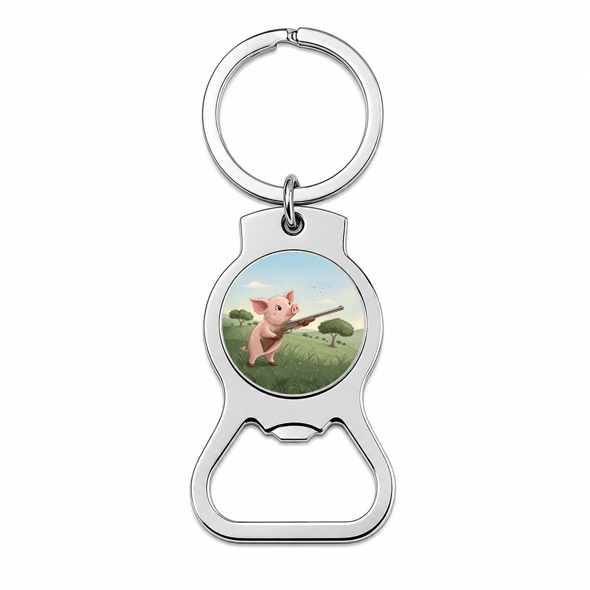 Pink Pig With A Shotgun Bottle Opener Keychain