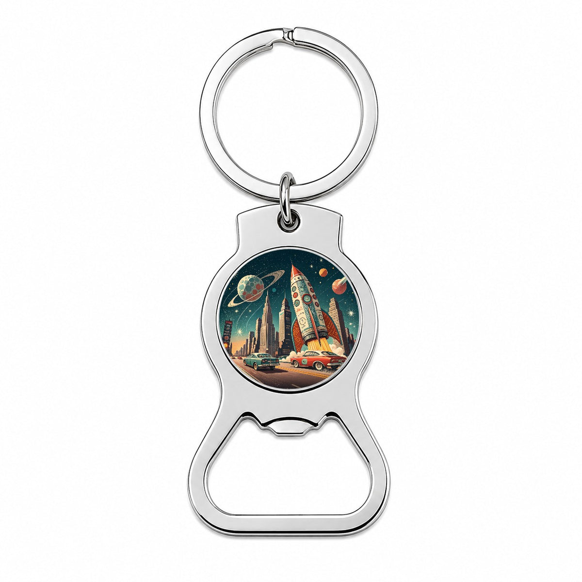 Retro Sci-fi 60's Poster Art Rocket Bottle Opener Keychain