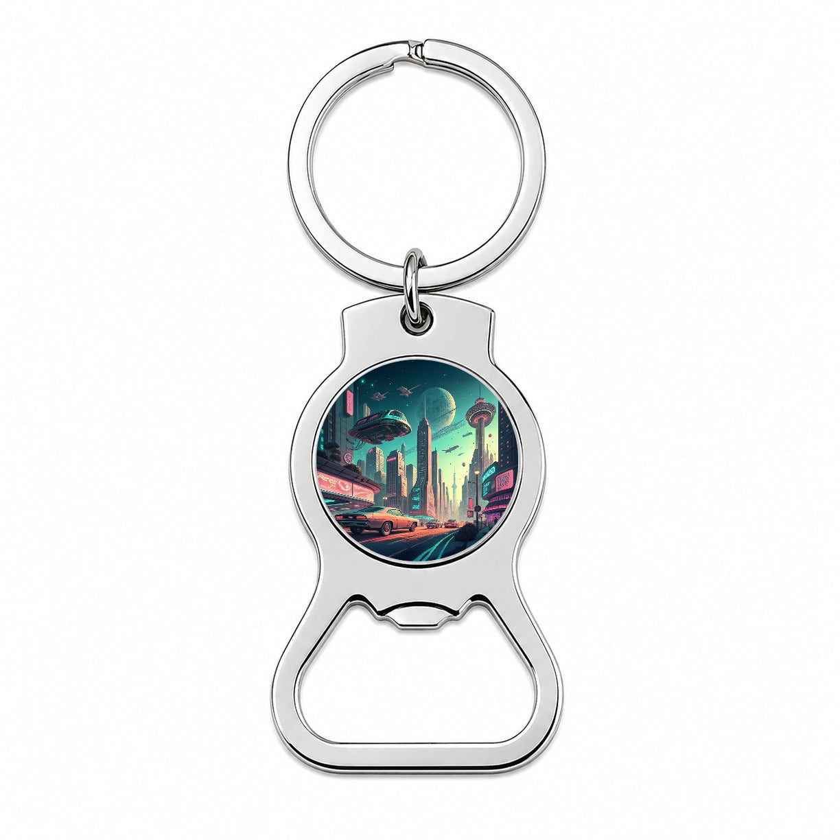 Retro Sci-fi Poster Art Futuristic City Scene Bottle Opener Keychain