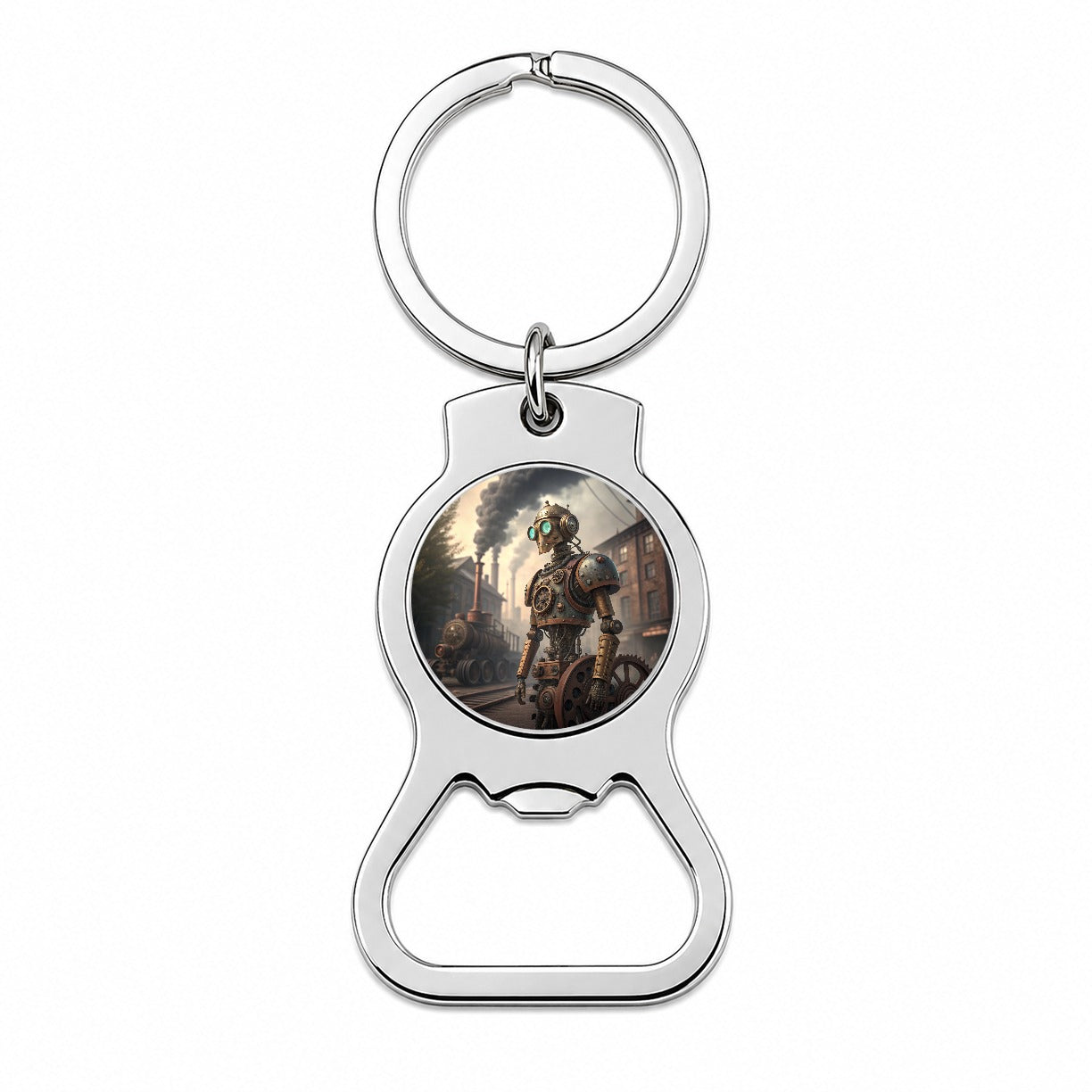 Retro Steampunk Factory Robot Android Bottle Opener Keychain