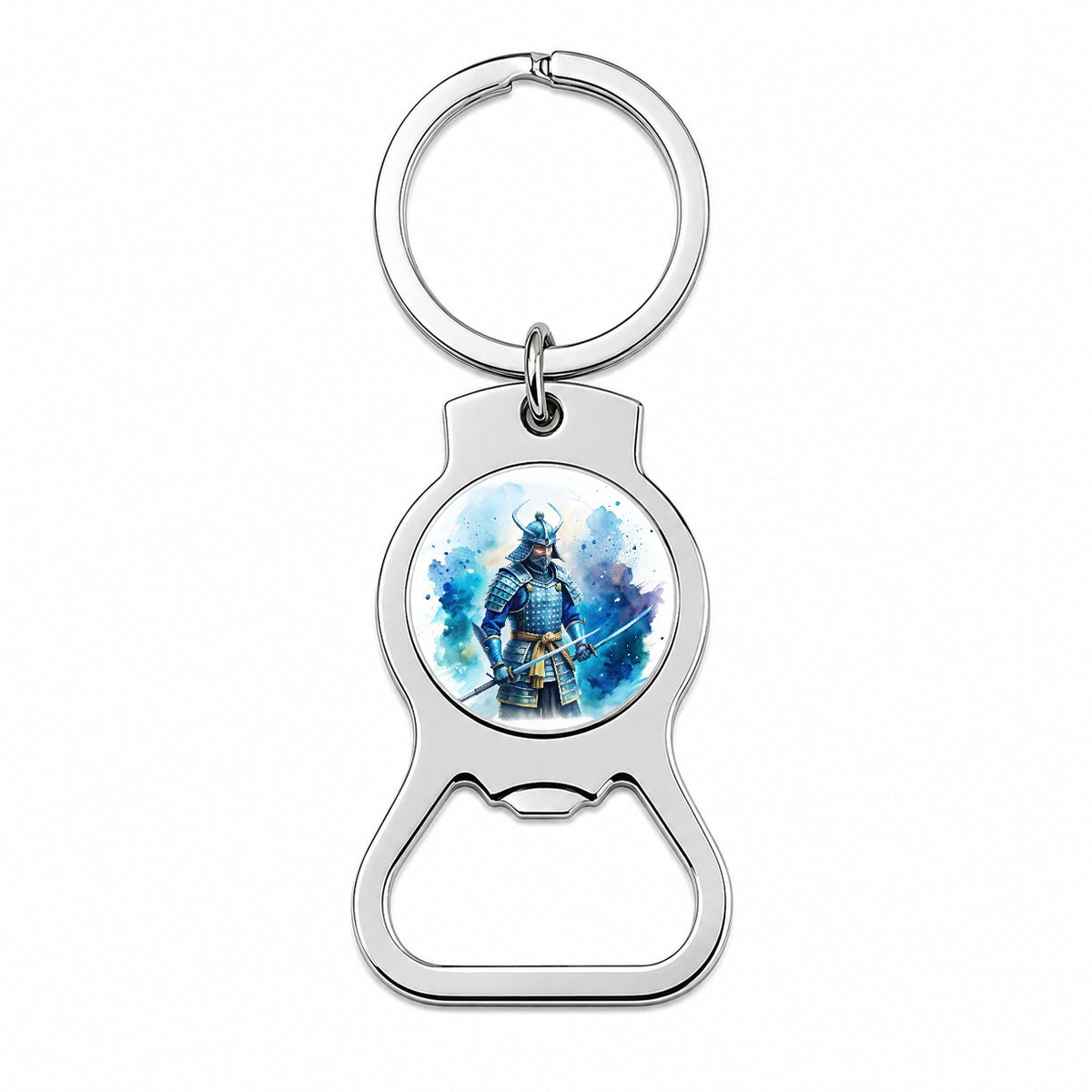 Samurai With Katana And Blue Armor Watercolor Bottle Opener Keychain