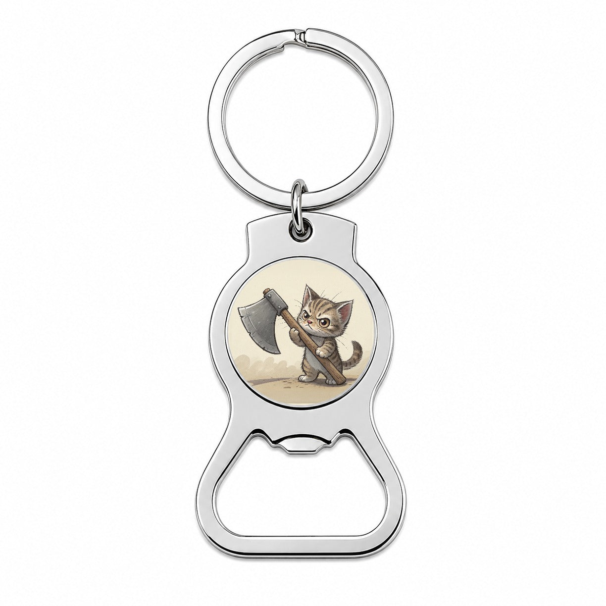Small Cat Kitten Wielding a Large Axe Funny Fantasy Bottle Opener Keychain