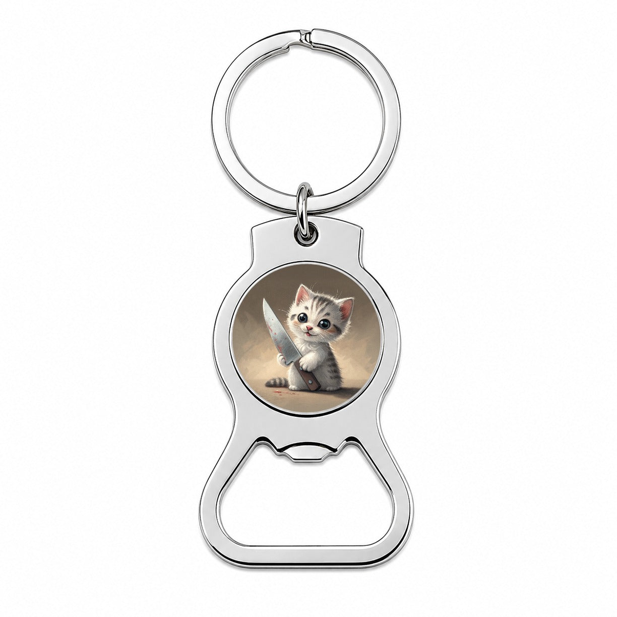 Small Cute Cat Kitten with a Butcher Knife Funny Bottle Opener Keychain