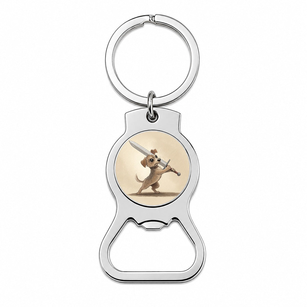 Small Dog Wielding a Large Sword Funny Fantasy Bottle Opener Keychain