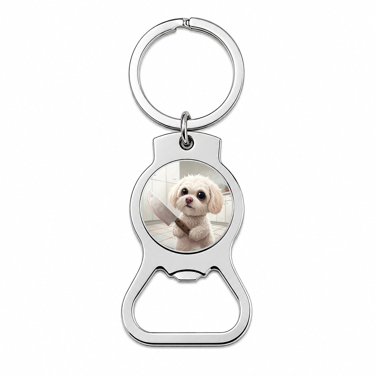 Small Fluffy Dog with a Butcher Knife Funny Scary Halloween Bottle Opener Keychain