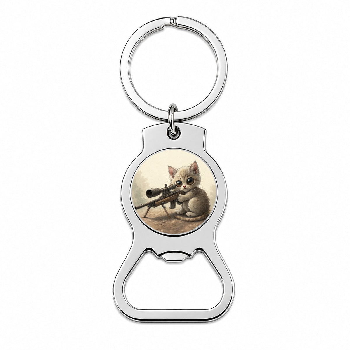 Small Fuzzy Cat Kitten With A Sniper Rifle Funny Bottle Opener Keychain